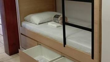 A bunk bed with a lower bunk and a pull-out drawer below.