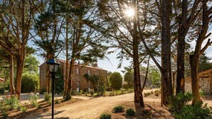 A rustic building with a brick facade, surrounded by a dirt path and various trees.