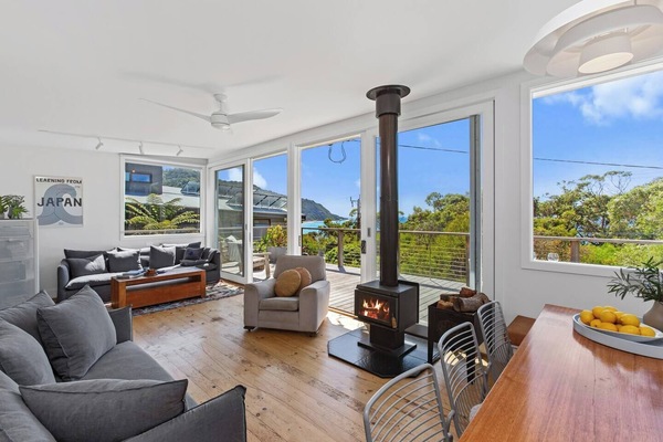 Open plan living, wood heater