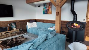 Smart TV, chimenea, reproductor de DVD y libros 
