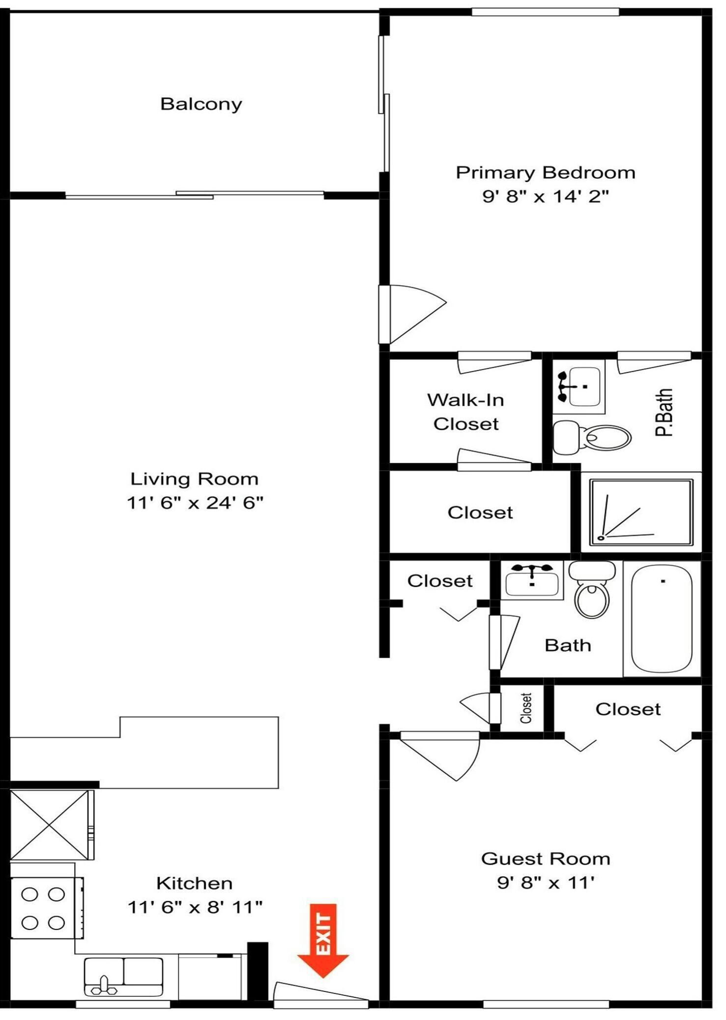 A floor plan with a balcony, primary bedroom, living room, walk-in closet, kitchen, and guest room.