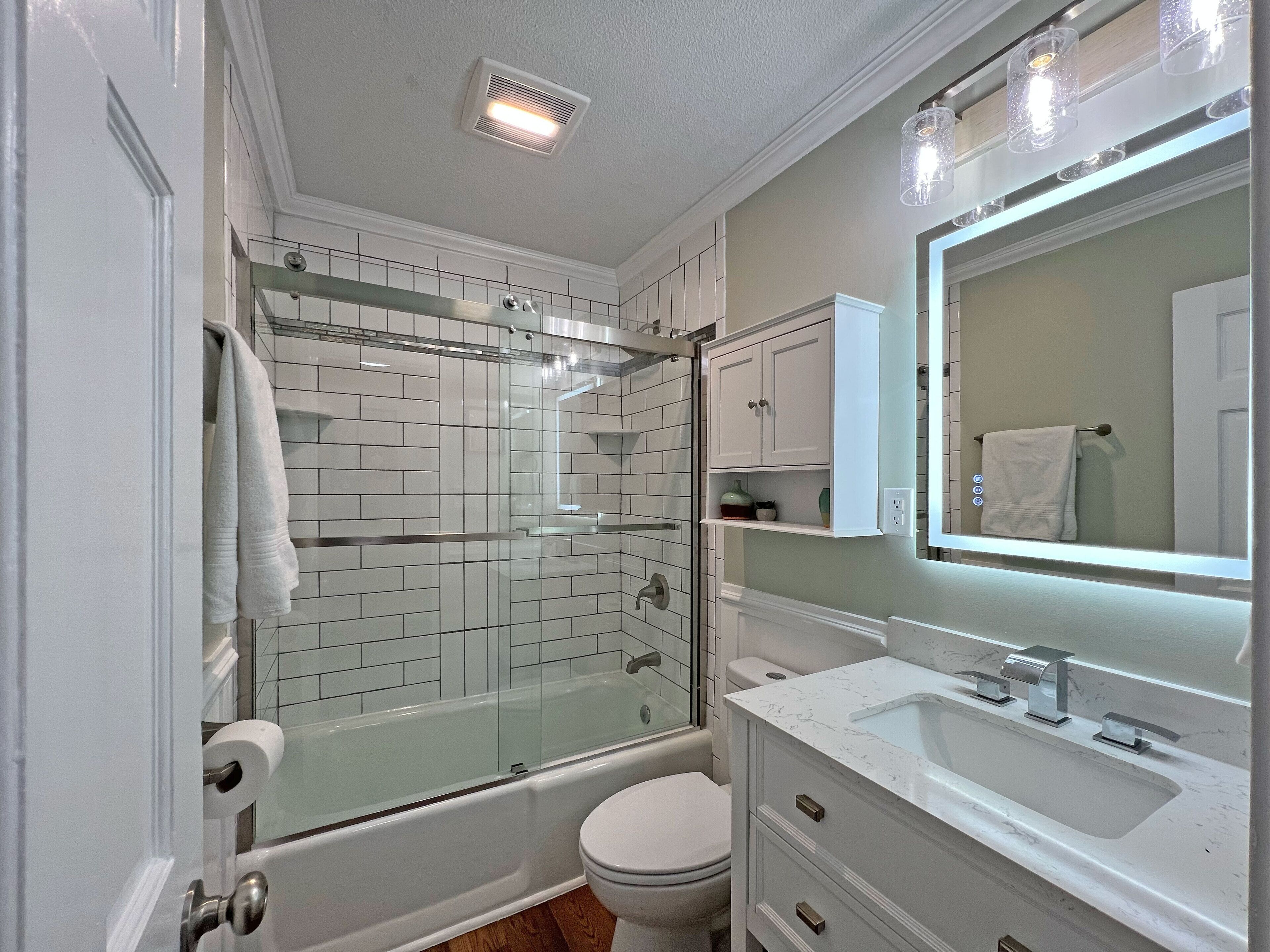 Hair dryer, towels, soap, toilet paper