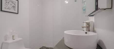Hair dryer, towels, soap, shampoo