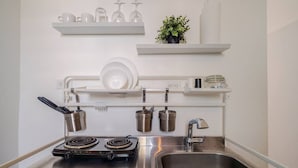 A modern kitchen with stainless steel appliances, including a stove and sink, and a white backsplash with shelves holding dishes and a potted plant. - Luz Collection 3bedroom San Juan (San Juan)