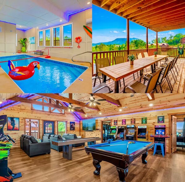 Una zona de piscina con un flamenco flotante, un comedor con vistas y una sala de recreación con juegos arcade.