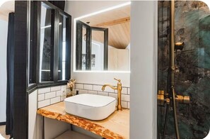 Shower, hair dryer, soap, toilet paper