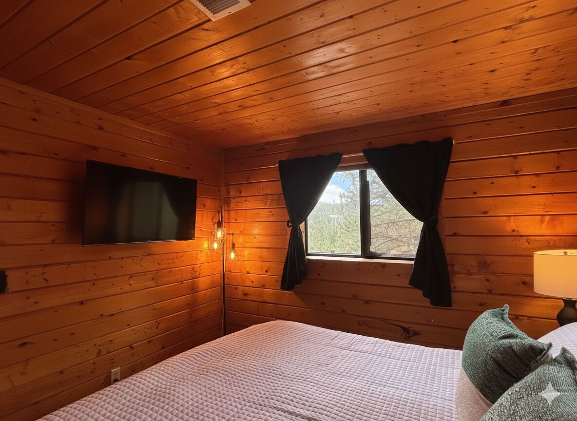 A wooden cabin room with a bed, a TV mounted on the wall, and a window with curtains.