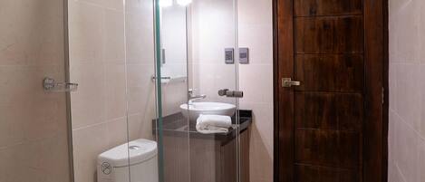 A bathroom with a glass-enclosed shower, a toilet, a sink, and a wooden door.