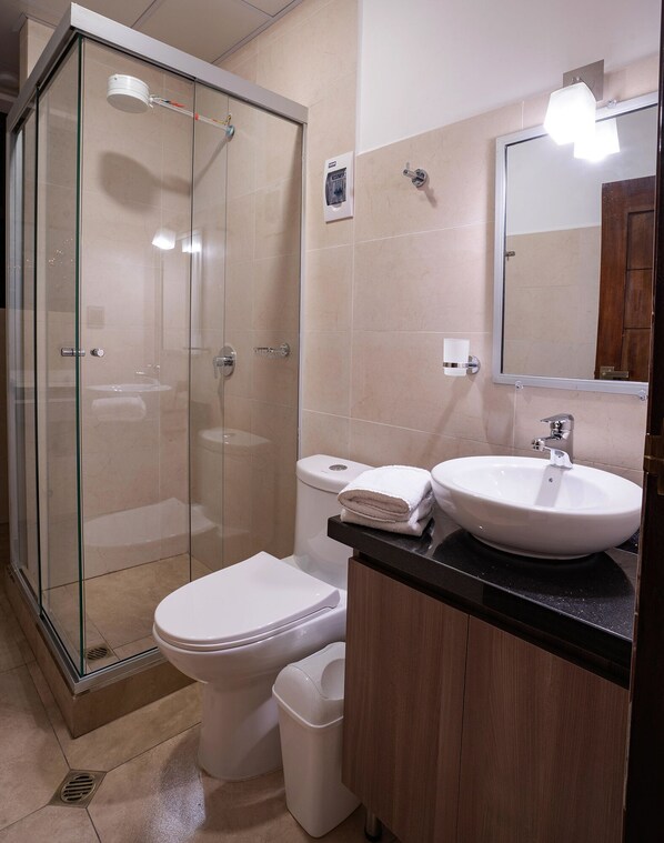 A modern bathroom with a glass-enclosed shower, a white toilet, a sink with a mirror above it, and a towel on the counter.