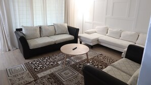 Una sala de estar con dos sofás, una mesa de centro y alfombras estampadas.