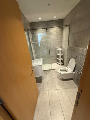 Shower, towels, soap, toilet paper