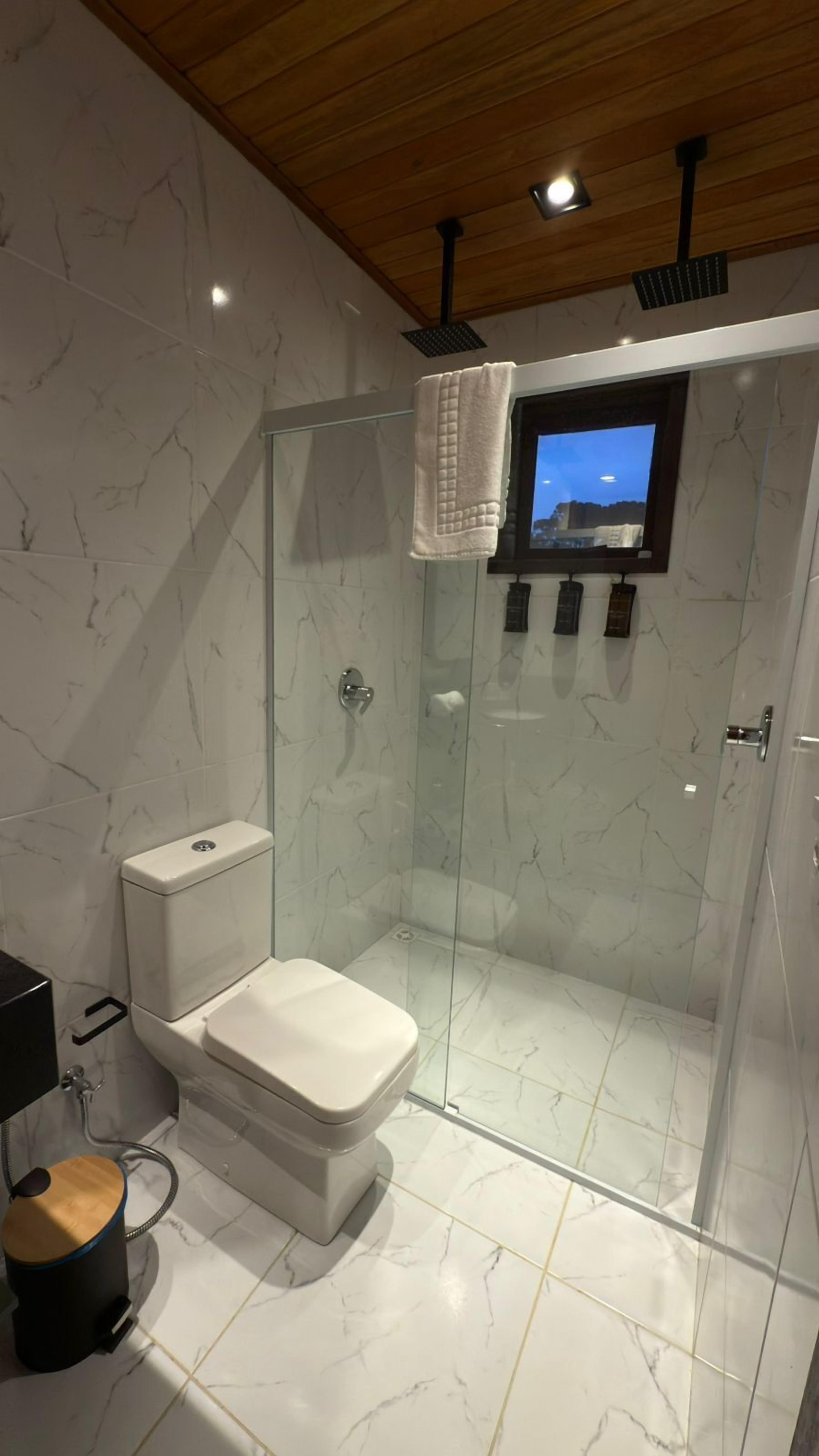 A modern bathroom with a glass-enclosed shower, a toilet, and a sink.