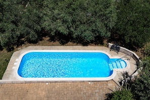 A rectangular swimming pool with a ladder on one side, surrounded by a brick deck and greenery.
