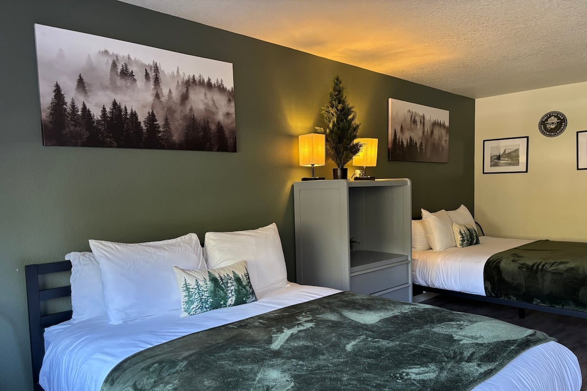 A hotel room with two beds, a nightstand with a lamp, and forest-themed artwork on the walls.