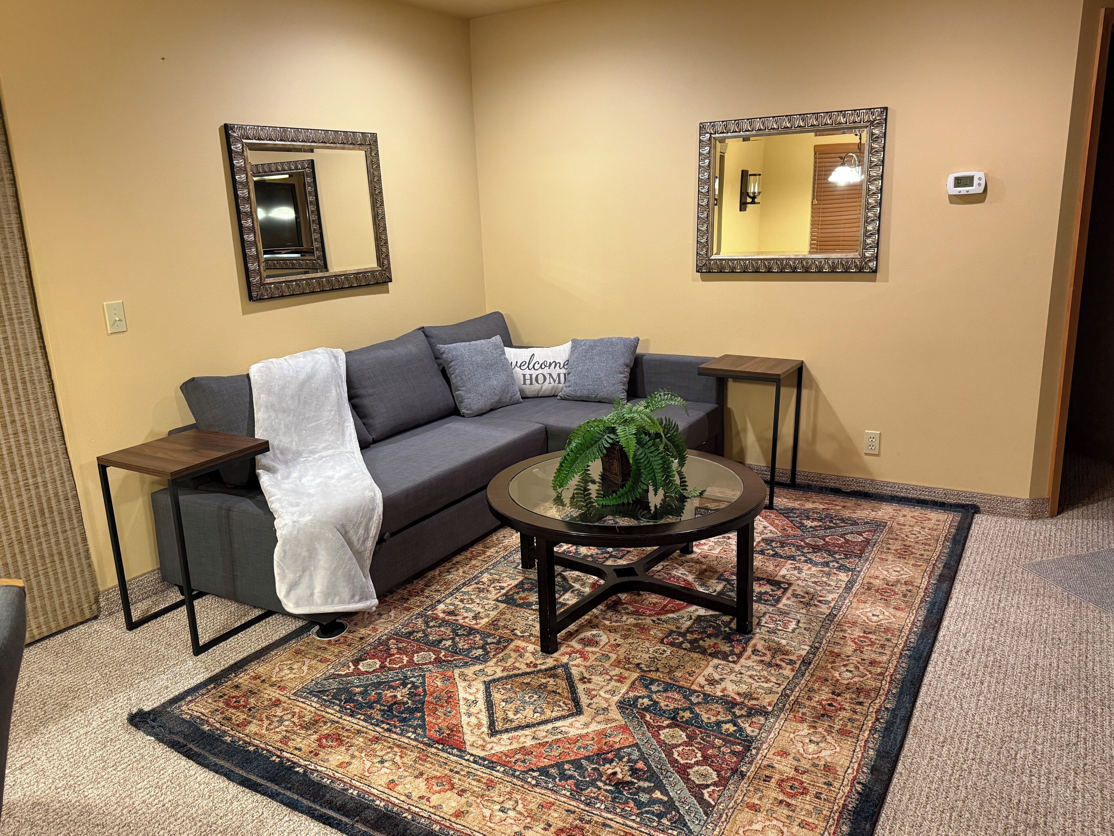 Ein Wohnzimmer mit grauem Sofa, zwei Beistelltischen, einem Couchtisch mit Pflanze, einem gemusterten Teppich und zwei Wandspiegeln.