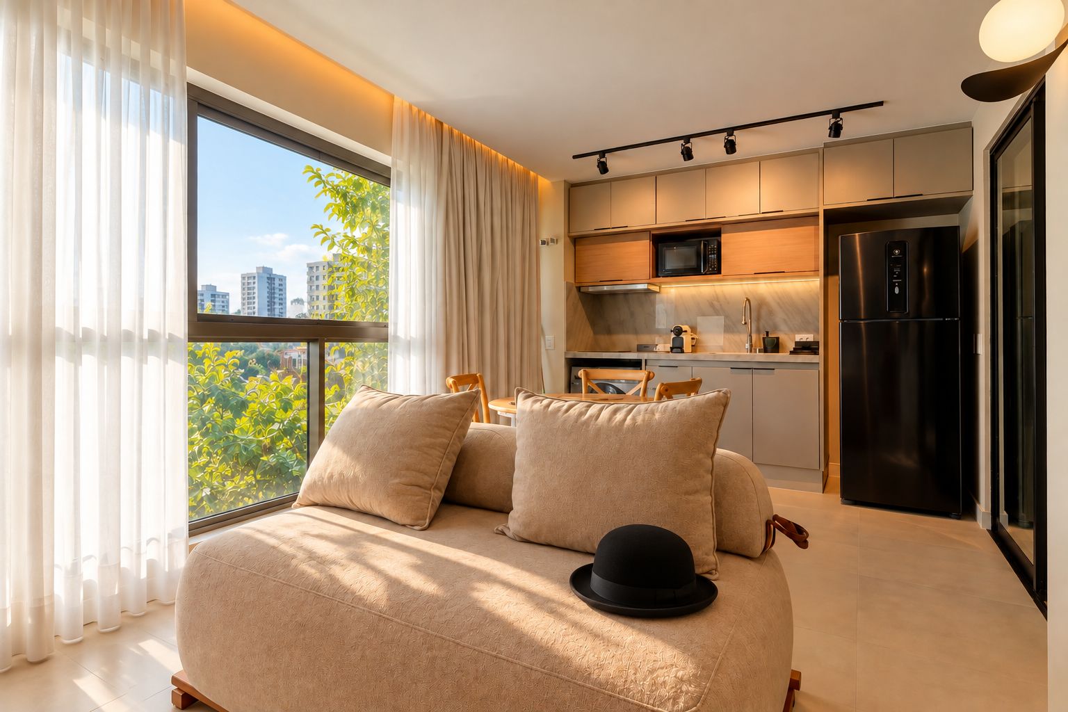 A modern bedroom with a large window, a sofa, and a dining area.