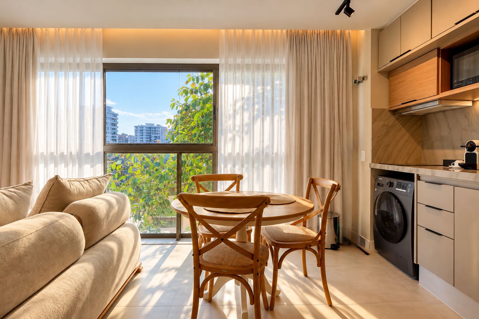 A modern apartment with a sofa, dining table, chairs, a washing machine, and a view of buildings through large windows.