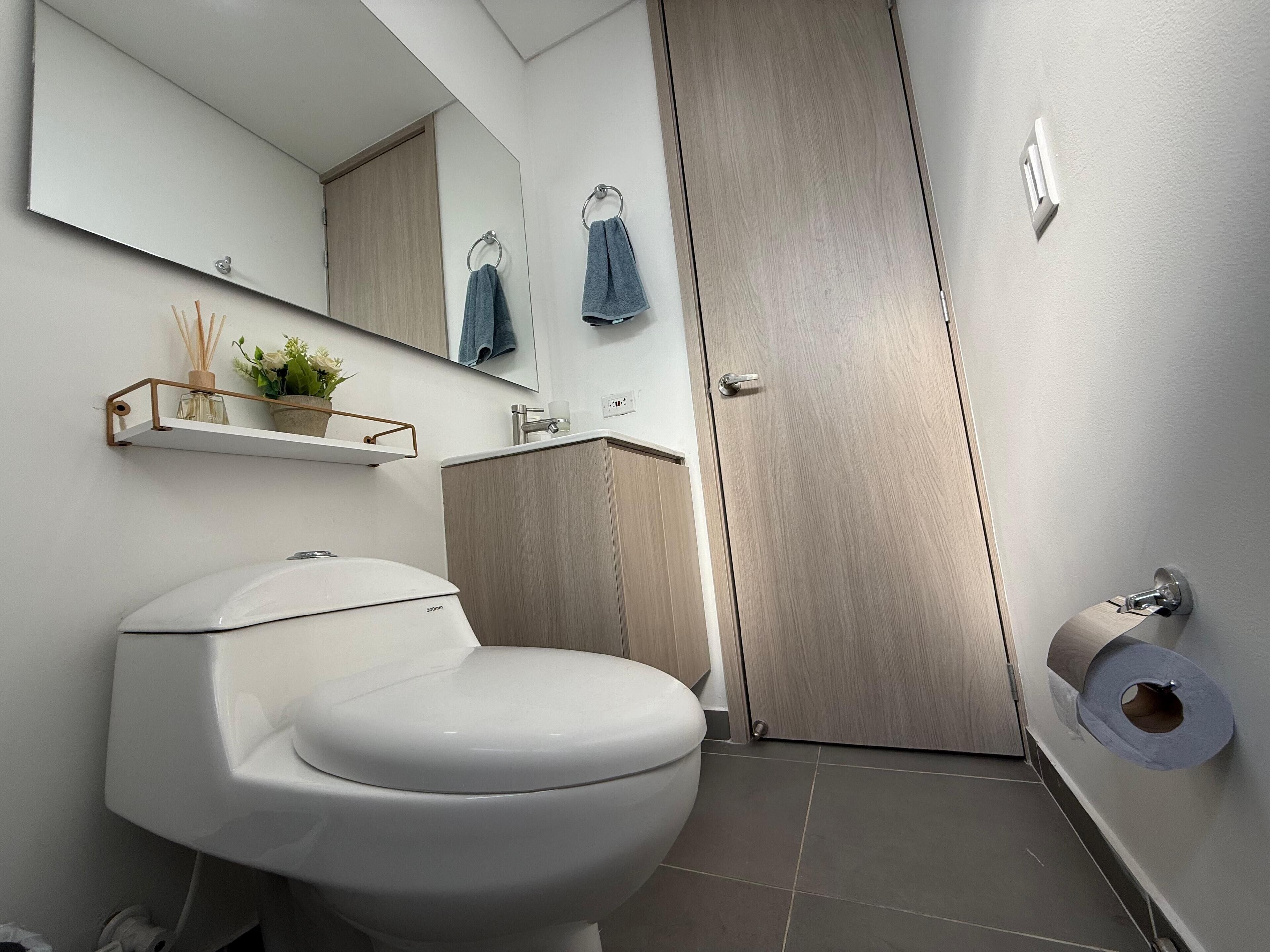 A modern bathroom with a toilet, a sink, a mirror, and a towel rack.