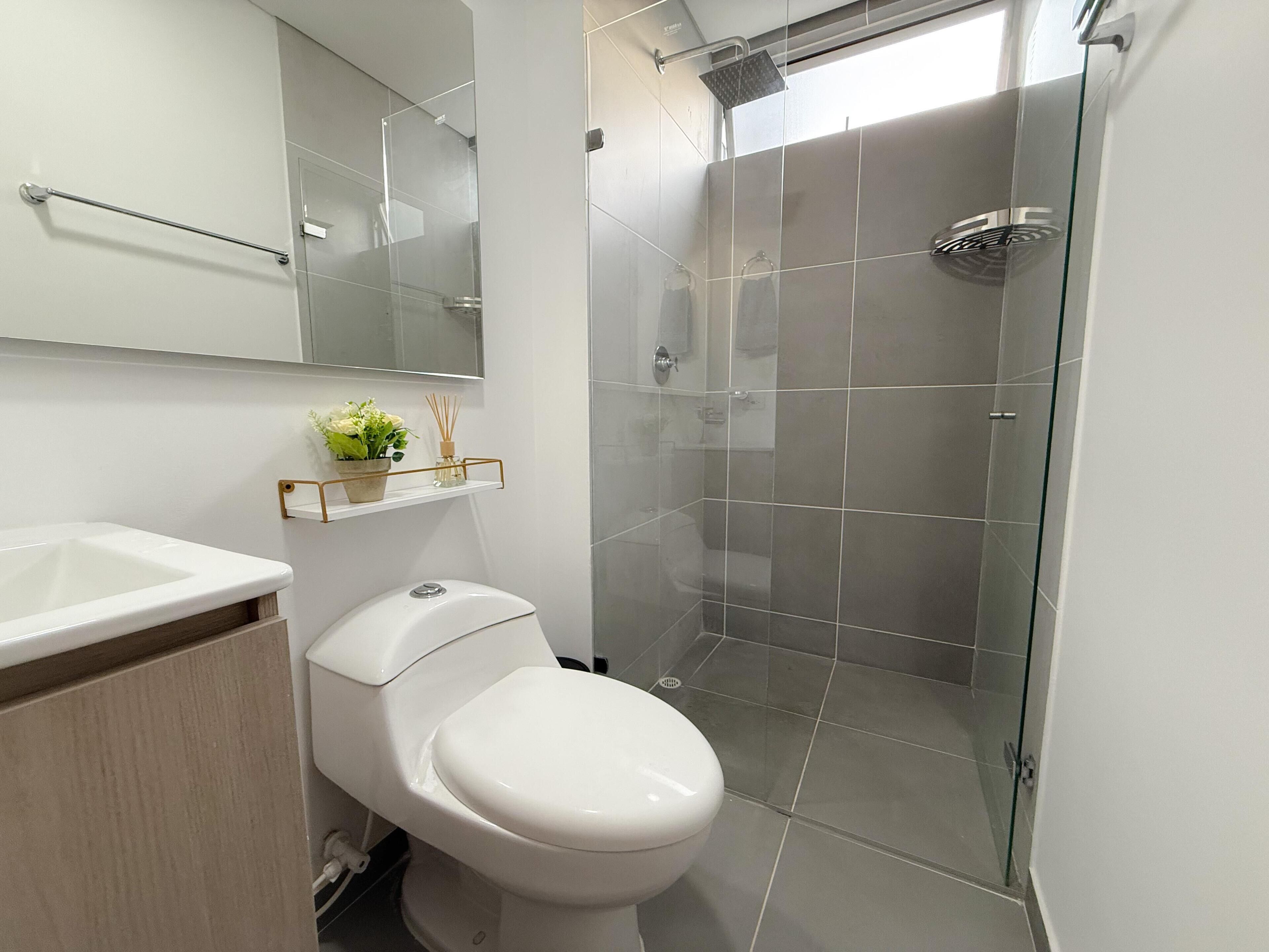 A modern bathroom with a white toilet, a glass shower enclosure, and a small shelf with decorative items.