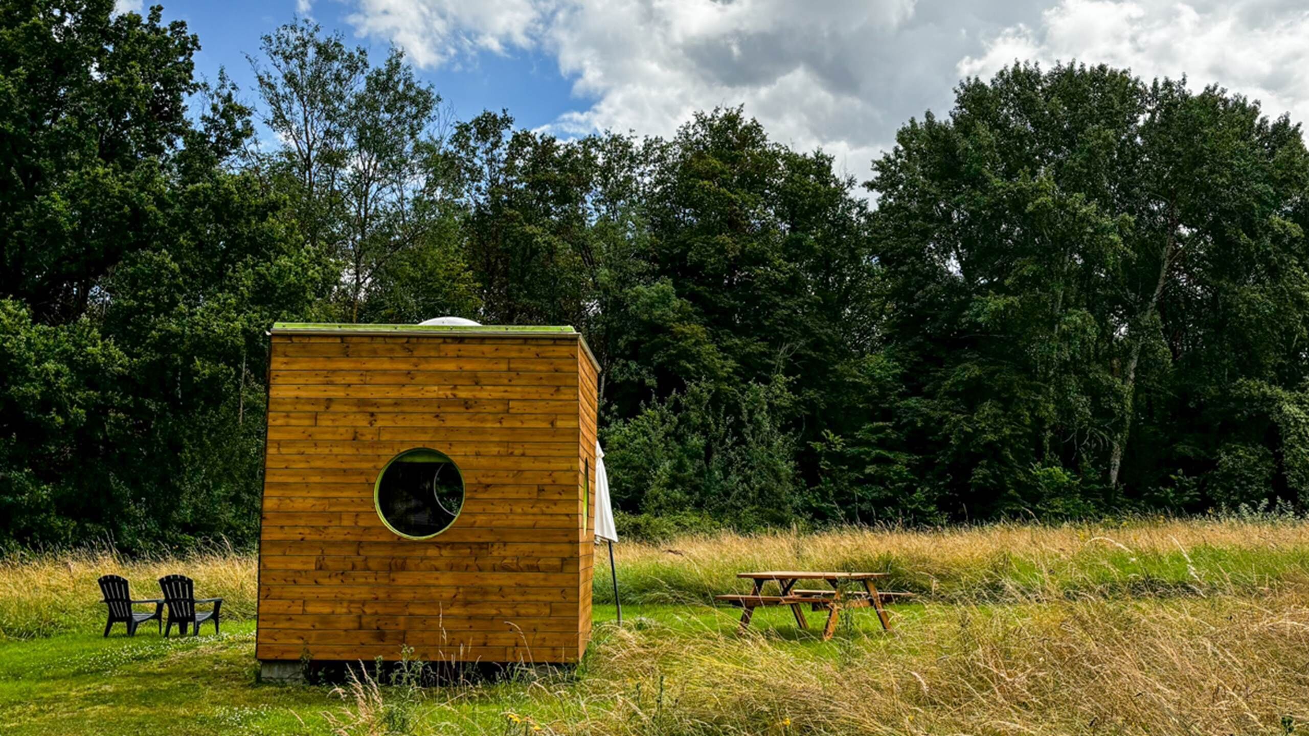 A wooden cabin with a circular window, surrounded by tall grass and trees.