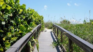 A wooden boardwalk leading through a natural area with dense green foliage on one side and tall grasses on the other. - Sunny Escape 2-Bedroom Condo Steps from Cocoa Beach (Cocoa Beach)