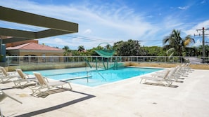 A swimming pool with lounge chairs and a palm tree in the background.