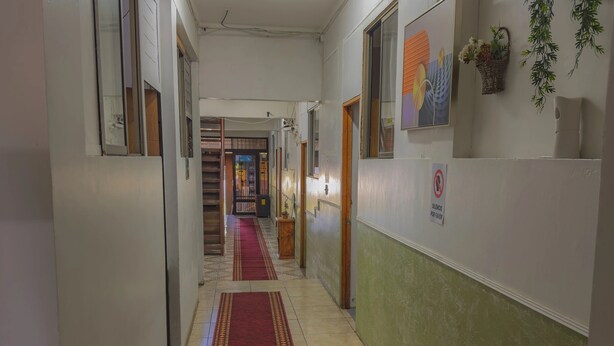 Pasillo de hotel con alfombra roja, señal de no fumar y pared verde con planta y cesta.