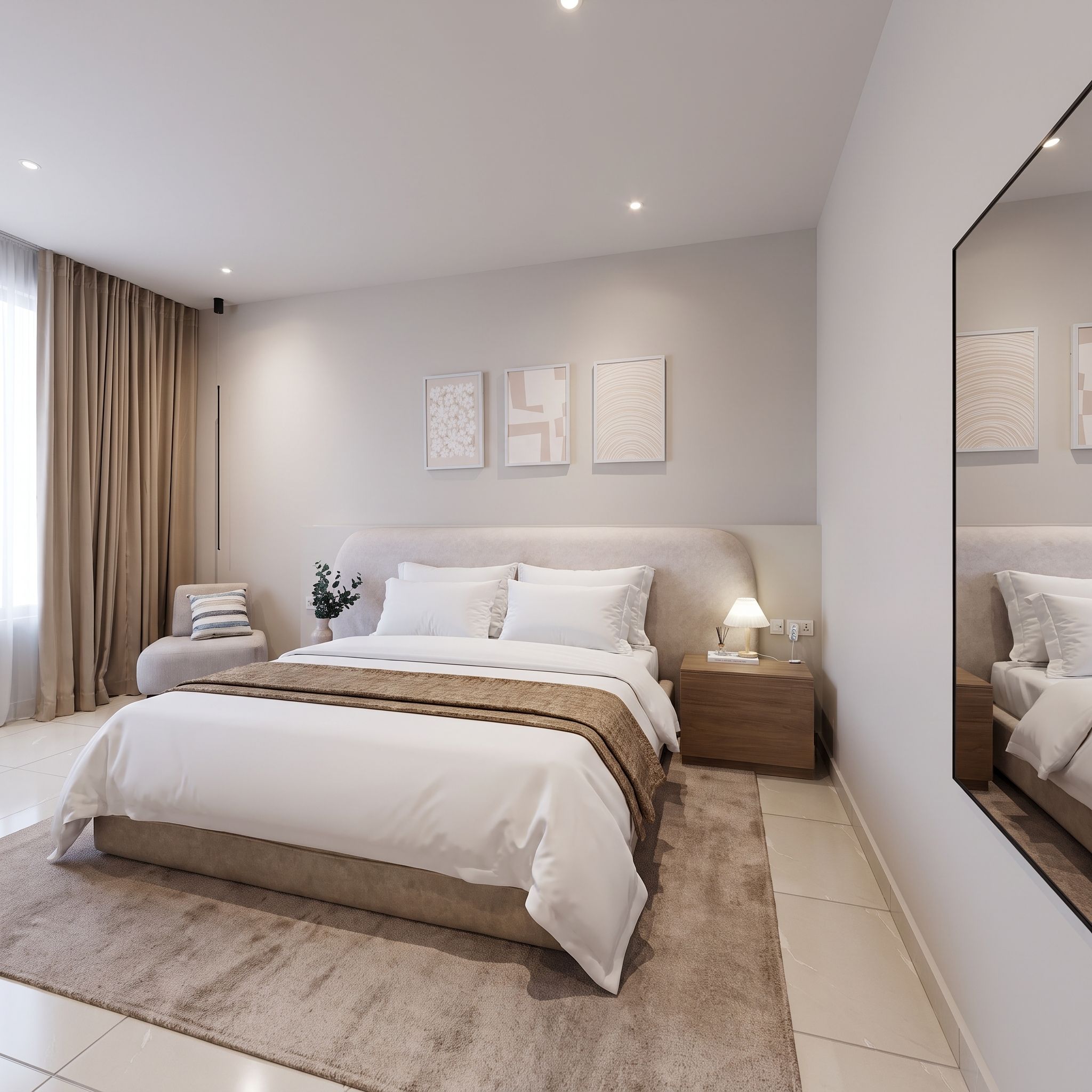 A modern bedroom with a large bed, bedside tables, a mirror, and artwork on the walls.