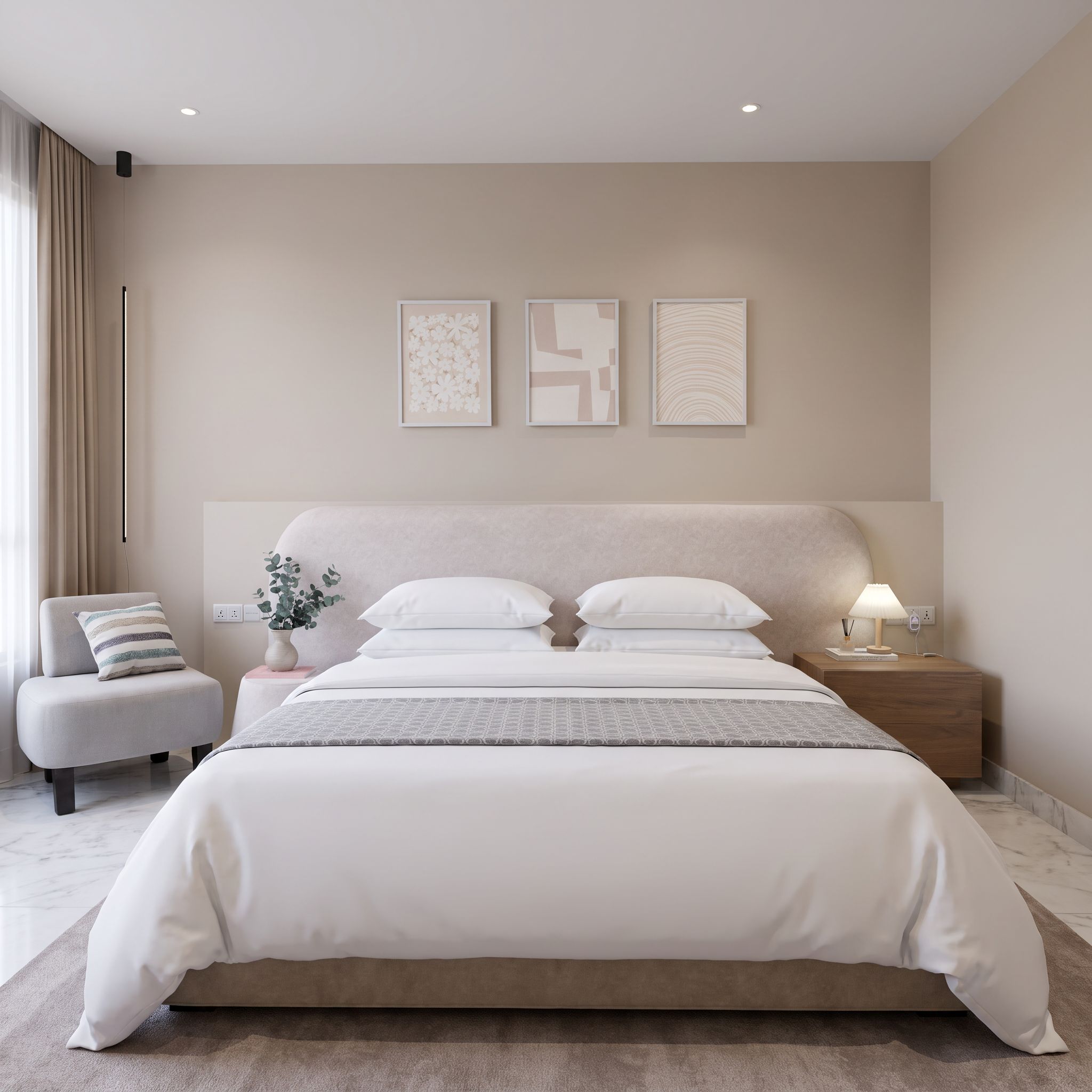 A modern bedroom with a large bed, a bedside table with a lamp, and a chair.