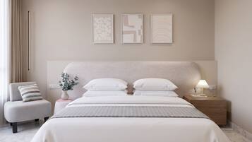 Un dormitorio moderno con una cama grande, una mesita de noche con lámpara y una silla.