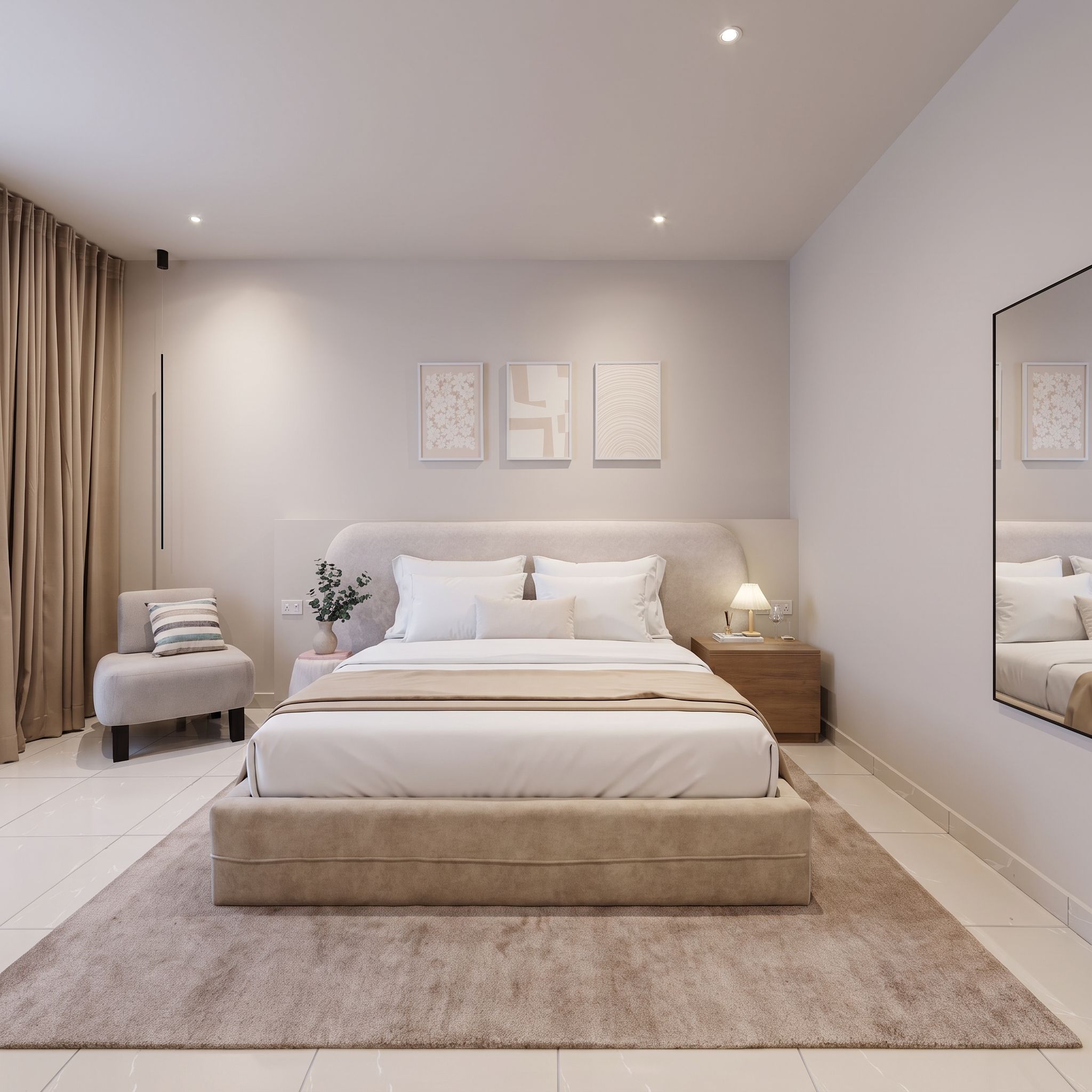 A modern bedroom with a large bed, bedside tables, a nightstand, a mirror, and a window with curtains.