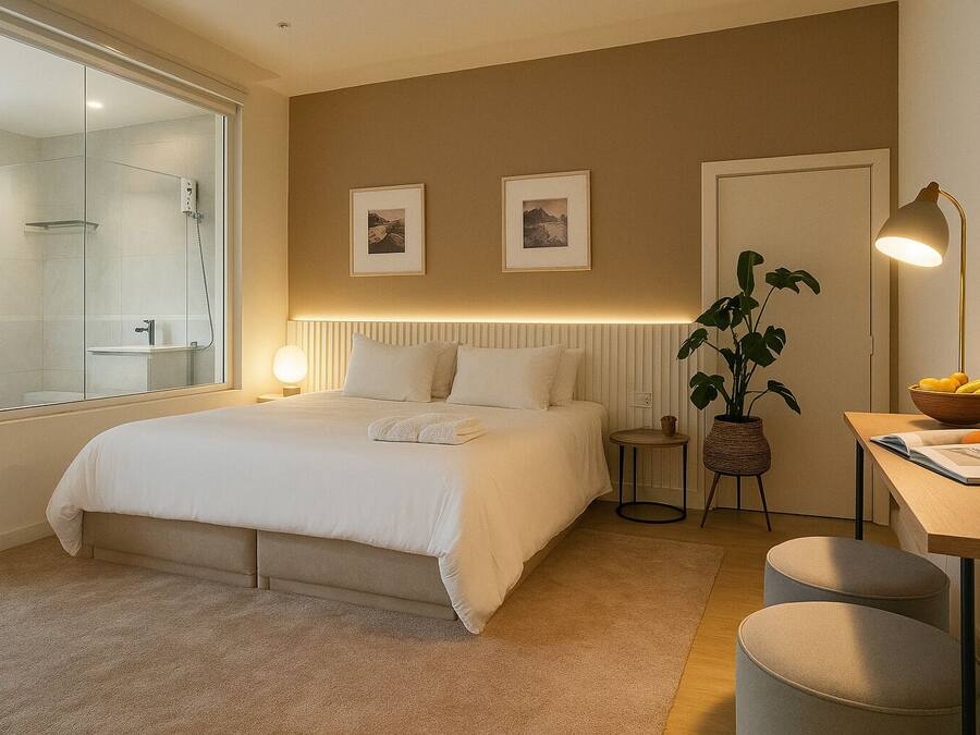 Quarto luxo, vista para o pátio | Roupas de cama de algodão egípcio, roupas de cama premium