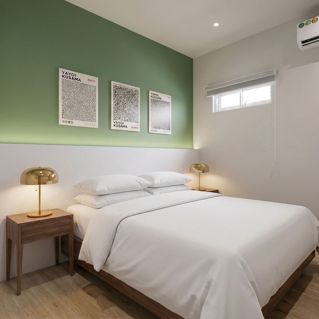 Une chambre à coucher avec un lit, deux tables de chevet et des œuvres d’art murales.