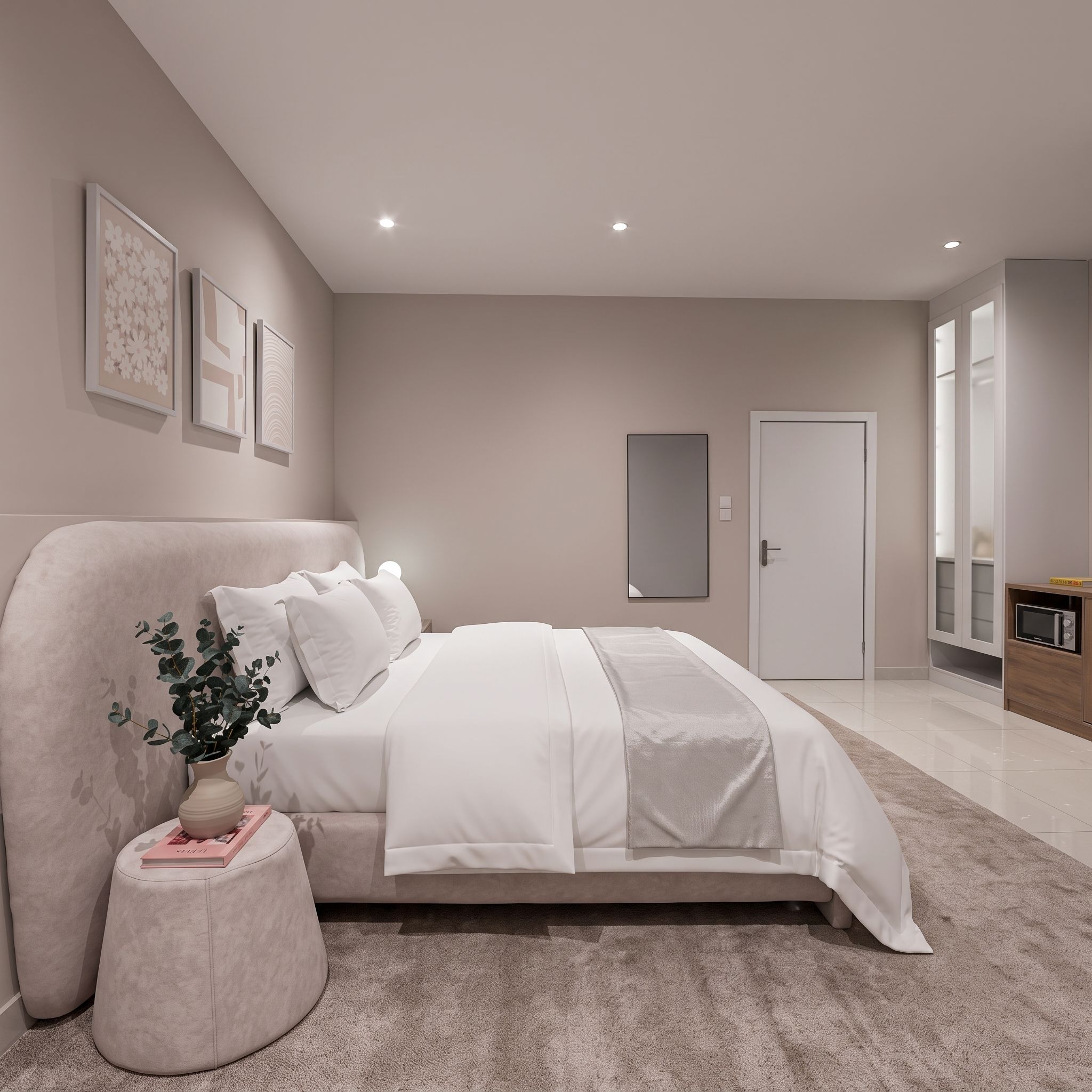 A modern bedroom with a bed, bedside table, and a mirror.