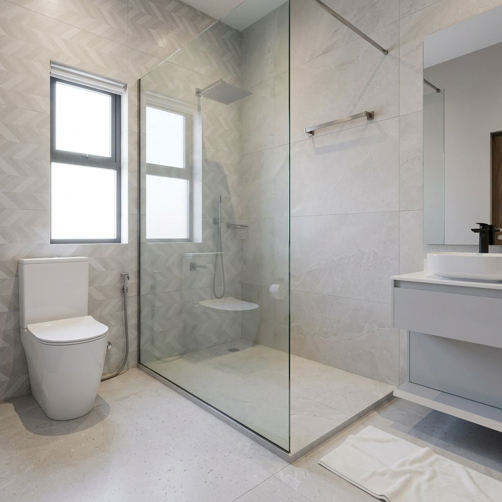 Un baño moderno con ducha de vidrio, inodoro y lavamanos con espejo arriba.