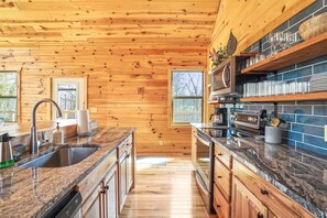 Cabin, Multiple Beds, Hot Tub (Fern Woods) | Private kitchen | Fridge, microwave, oven, stovetop