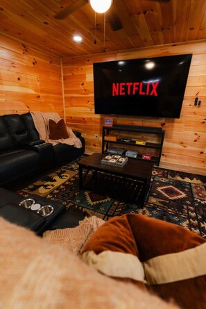 Cabin, Multiple Beds, Hot Tub (Hidden Hills Retreat) | Living area | TV, fireplace