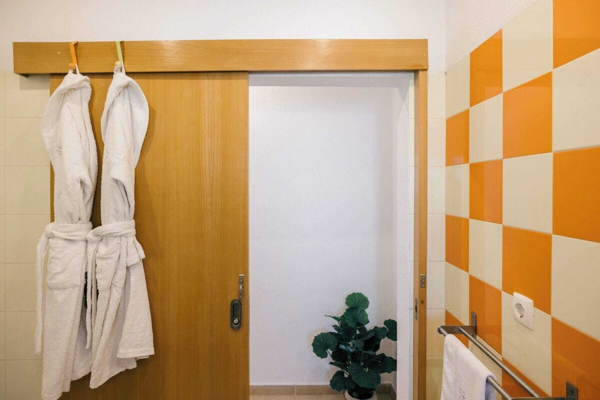 Et badeværelse med en trædør, en potteplante og en håndklædestang med to hvide håndklæder.