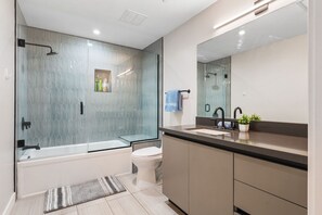 Hair dryer, towels, soap, shampoo