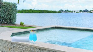 Piscina com duas bebidas azuis e uma toalha na borda, cercada por vegetação e vista para a água.