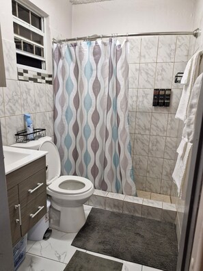 Shower, hair dryer, towels, soap - Newly Renovated Sea View 1-bedroom apartment in Tortola (Tortola)