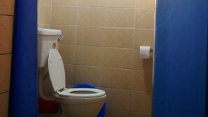 Pieni kylpyhuone, jossa on wc, sininen seinä ja laatoitettu lattia.