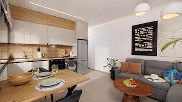 Appartement Deluxe, cuisine, vue ville | Cuisine privée