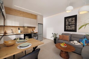 Deluxe Apartment, Kitchen, City View | Private kitchen | Full-size fridge, microwave, oven, stovetop - Angel Apartments 2 (Koutouloufari)