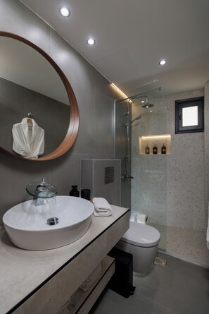 Shower, free toiletries, hair dryer, towels