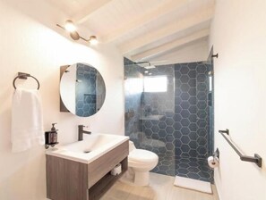Hair dryer, towels, soap, toilet paper