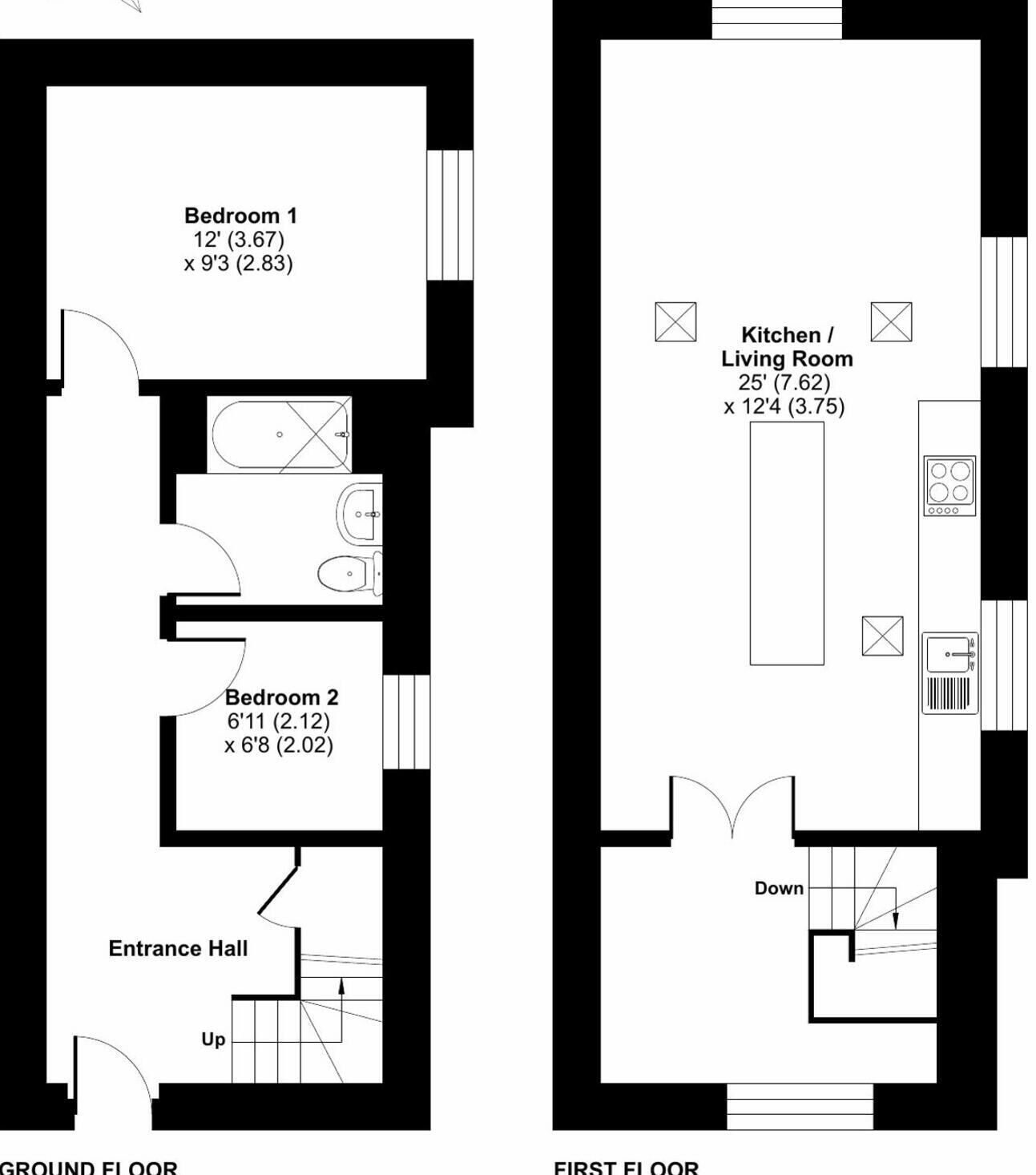 Pianta degli ambienti con due camere da letto, una cucina, un soggiorno e un ingresso.