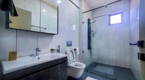 Hair dryer, towels, soap, toilet paper