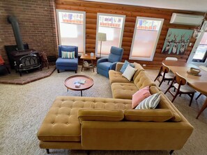 TV, fireplace, video games, foosball