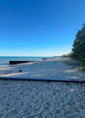 Una playa con un muelle de madera que se adentra en el agua, rodeada de árboles y un cielo azul despejado.